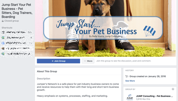 Как использовать функции групп Facebook, пример группы для Jump Start Your Pet Business