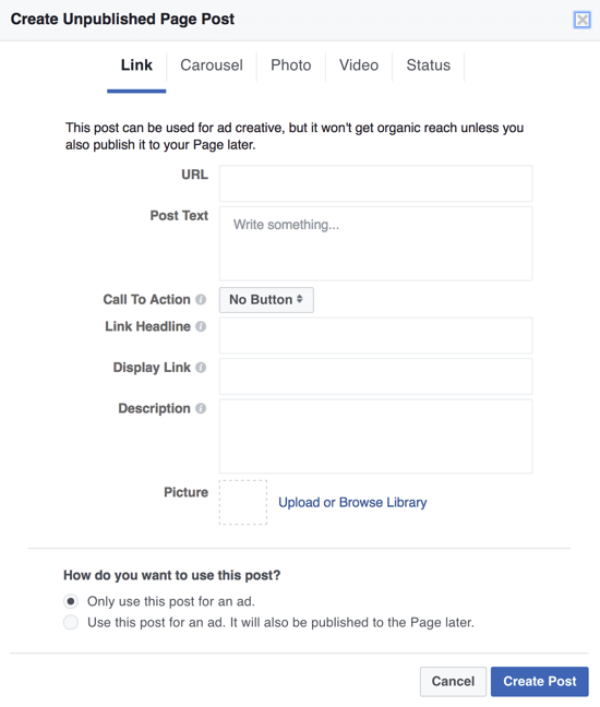 Чтобы создавать темные сообщения Facebook в качестве рекламы, вы можете использовать Power Editor и выбрать Use This Post for an Ad.