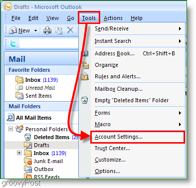 Снимок экрана календаря Outlook 2007 - настройки учетной записи