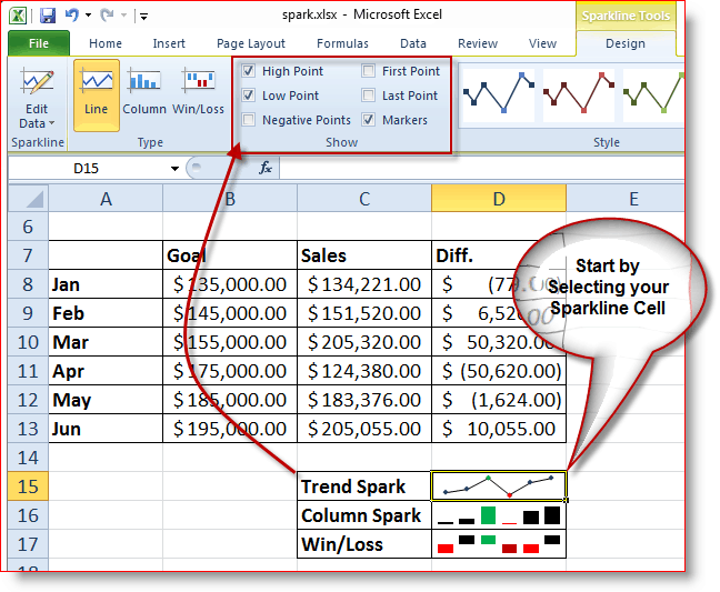 Как выбрать, какие функции используются в Excel 2010 Sparklines