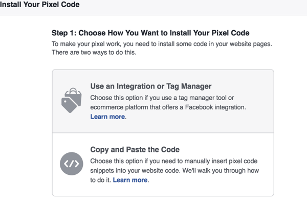 Выберите, какой метод вы хотите использовать для установки пикселя Facebook.