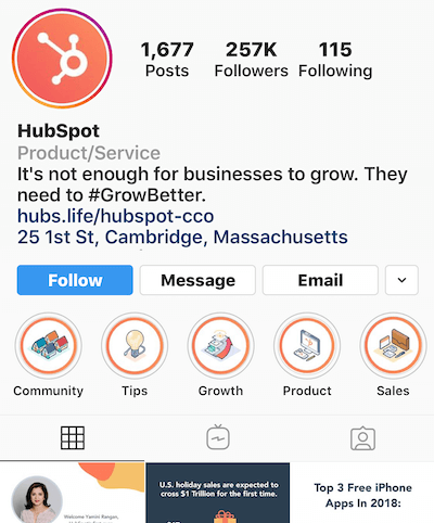Instagram выделяет альбомы в профиле HubSpot