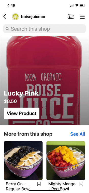 пример покупок товаров в instagram в @boisejuiceco с изображением счастливого розового цвета за 8,50 долларов и меньше из этого В магазине появляется обычная миска с ягодами и могучая миска с манго, а также возможность обыскать магазин