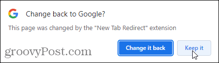 Нажмите «Сохранить» во всплывающем окне «Вернуться к Google», чтобы использовать расширение «Перенаправление новой вкладки».