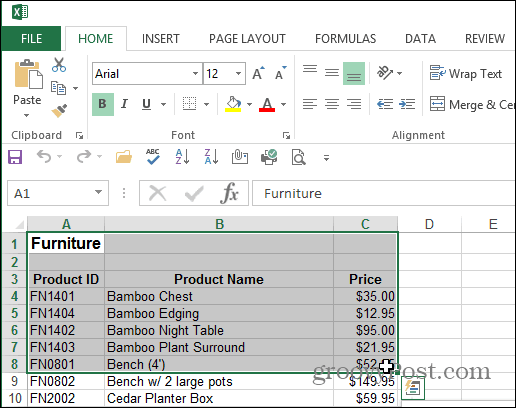 Выберите область Excel документа