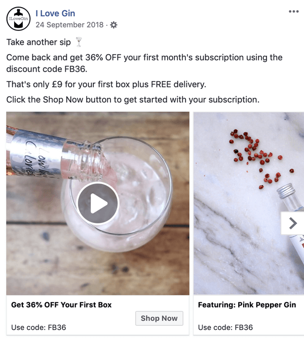 Как создать охват рекламы в Facebook, шаг 8, пример рекламного объявления от I Love Gin