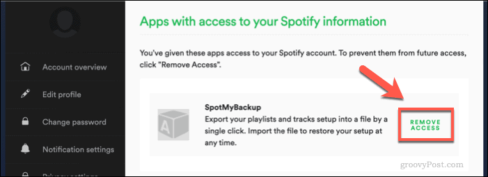 Отмена доступа SpotMyBackup к Spotify