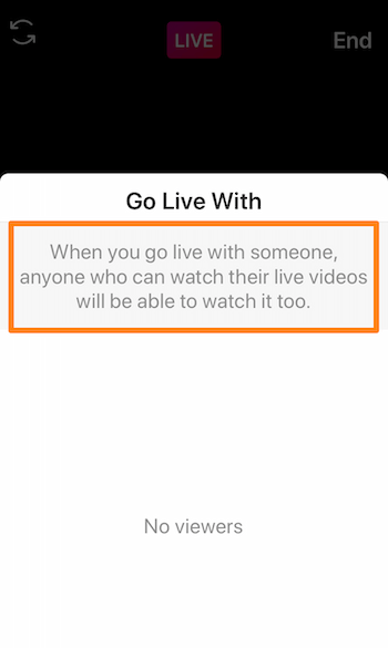 снимок экрана Instagram Live, показывающий сообщение: «Когда вы идете в прямом эфире с кем-то, любой, кто может смотреть его живое видео, тоже сможет его посмотреть.