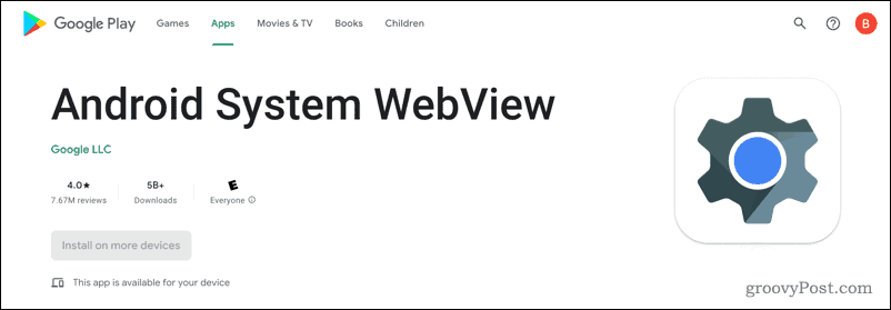 Система Android WebView в магазине Google Play