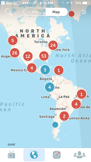 Карта Periscope позволяет зрителям легко находить прямые трансляции по всему миру.