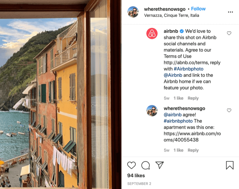пример разрешения письменного репоста в instagram между @wherethesnowsgo и @airbnb с airbnb с просьбой поделиться фотография и информация о том, как предоставить одобрение, а также ответ @wherethesnowsgo, разрешающий повторную публикацию картина