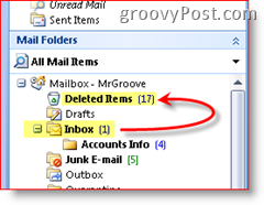 Снимок экрана Outlook 2007, объясняющий, что удаленные элементы перемещаются в папку удаленных элементов