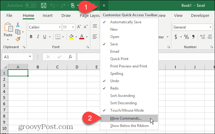 Выберите «Больше команд» на панели быстрого доступа в Excel