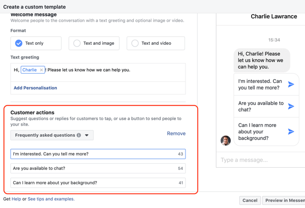 Как конвертировать посетителей веб-сайта с помощью рекламы в Facebook Messenger, шаг 4, пример копии действий клиента