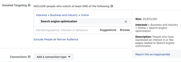 Пример стандартного таргетинга на facebook для поисковой оптимизации, в результате чего аудитория слишком велика - 25 миллионов.