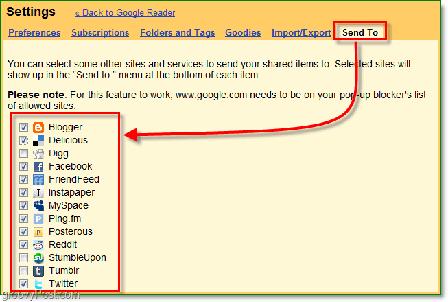 используйте вкладку "Отправить на" в Google Reader, чтобы выбрать, какие сайты будут отображаться в списке отправки.