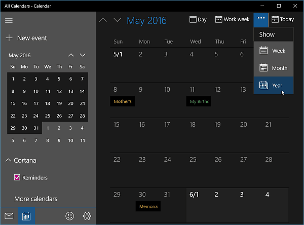 Календарь приложение для Windows 10 Инсайдерской сборки 11099 получает год просмотра