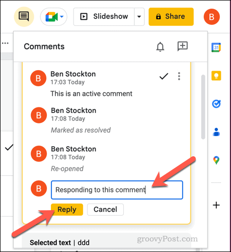 Ответ на комментарий в Google Slides