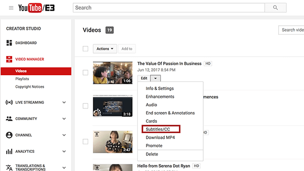 Оказавшись внутри YouTube Video Manager, выберите параметр «Субтитры / CC» в раскрывающемся меню «Правка» рядом с видео, к которому вы хотите добавить титры.