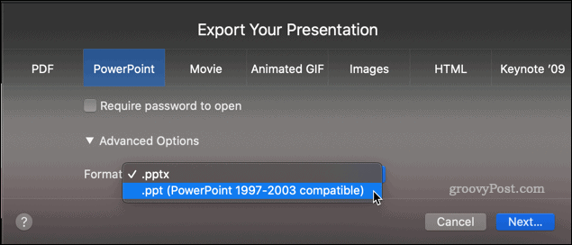 Экспорт презентации Keynote в виде файла PPT
