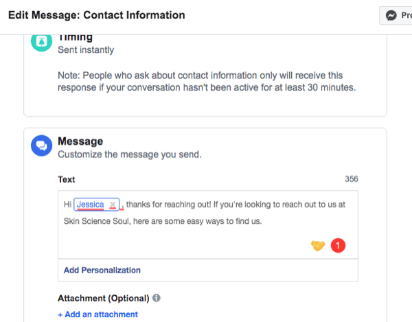 снимок экрана интерфейса настройки автоматического ответа на контактную информацию Facebook Messenger