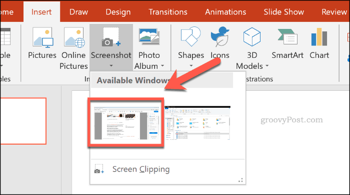 Выбор окна скриншота в PowerPoint