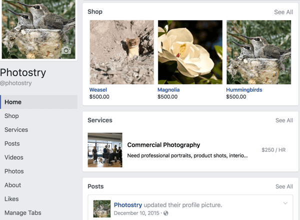 Так выглядит макет страницы Facebook, если вы сначала разместите вкладки «Магазин» и «Услуги».
