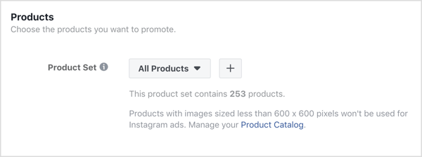 Нажмите на знак + в разделе «Продукты» на уровне рекламы вашей кампании Facebook.