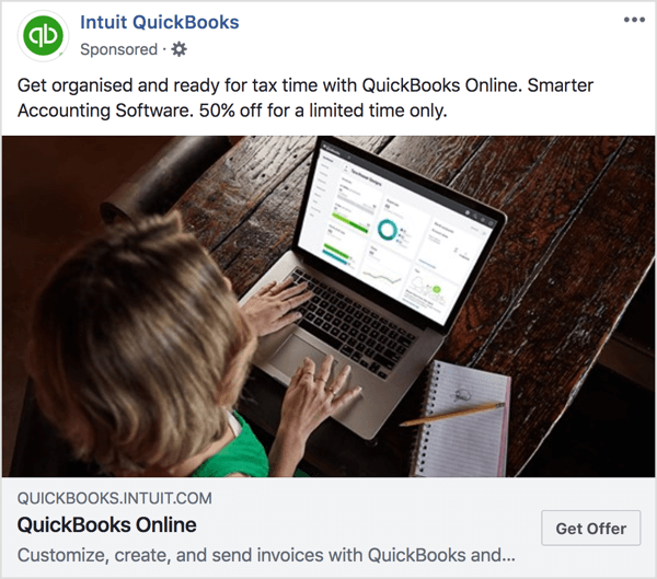 Обратите внимание, что в этой рекламе Intuit QuickBooks и на целевой странице цветовые тона и предложения совпадают.