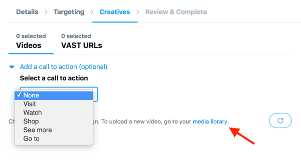 Параметры, чтобы установить призыв к действию для видео, размещенного в Твиттере, для вашей рекламы в Твиттере с просмотром видео In-Stream (перед роликом).