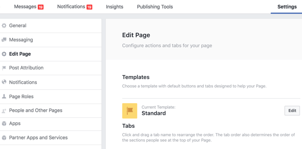 В разделе «Редактировать страницу» настроек страницы Facebook вы можете изменить порядок вкладок.