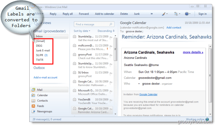 почтовый клиент для Windows Live Mail, ярлыки Gmail преобразуются в папки в Windows Live Mail