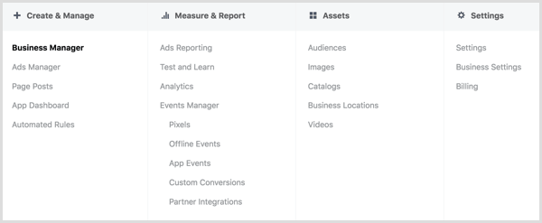 Изучите параметры в меню Facebook Ads Manager.