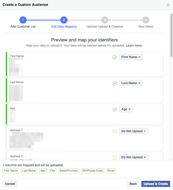 Убедитесь, что поля, которые Facebook обнаруживает в вашем CSV-файле, правильно сопоставлены с категориями, которые понимает Facebook.