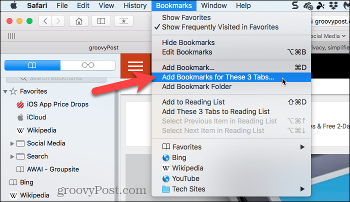 Выберите «Добавить закладки для этих вкладок» в Safari на Mac