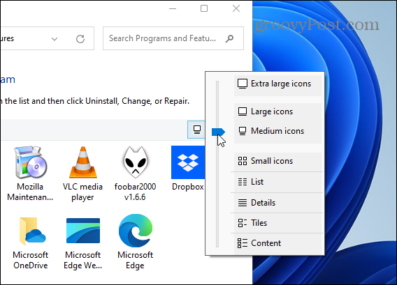 Изменить размер значка приложения на панели управления Windows 11