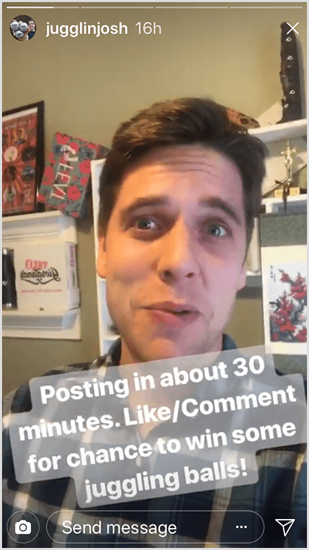 Пост Джоша Хортона в Instagram показывает, что Джош смотрит в камеру с текстом «Публикация примерно за 30 минут». Нравится / Комментарий, чтобы получить шанс выиграть несколько мячей для жонглирования!