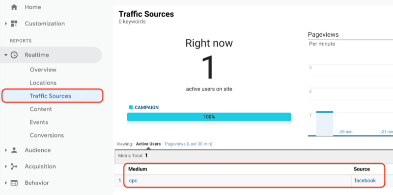 Меню аналитики Google, показывающее отчет об источниках трафика в режиме реального времени, и отчет об источниках трафика, показывающий, что только что созданный URL-адрес просматривается и записывается в аналитике Google