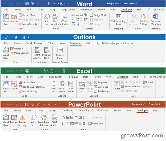 Вкладки разработчика в программах Microsoft Office