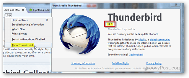 найти версию Thunderbird