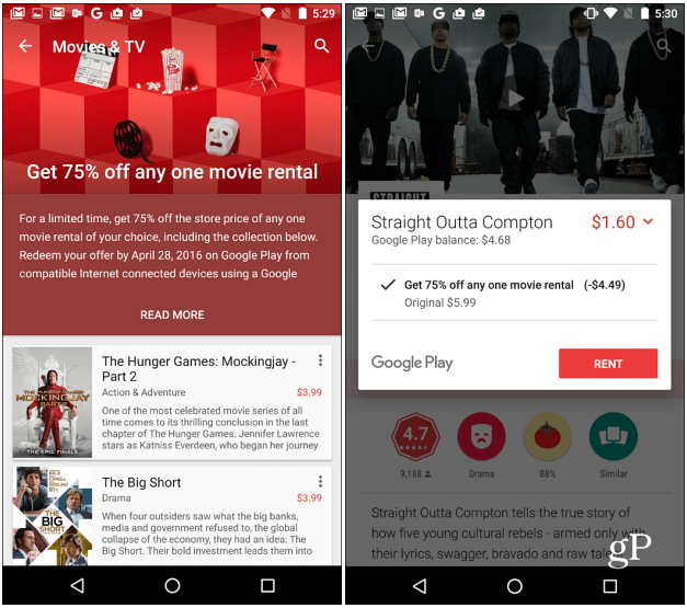 Google Play Movies предлагает 75% скидку на прокат фильмов
