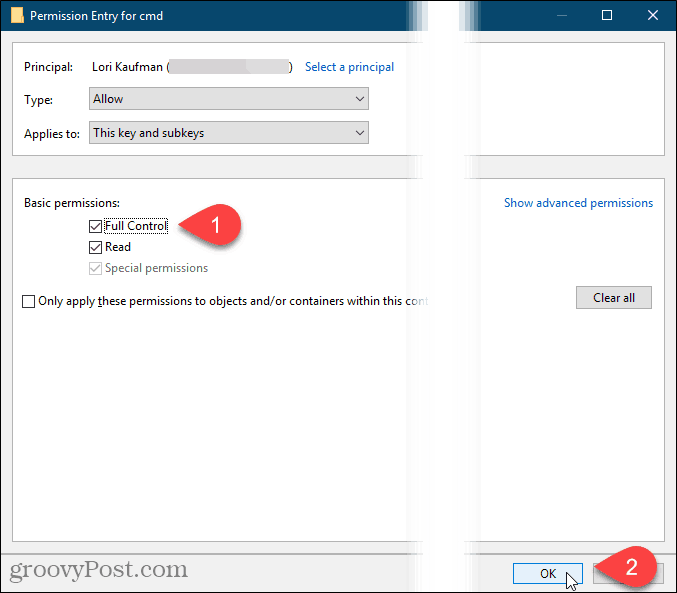 Установите флажок «Полный доступ» и нажмите кнопку «ОК» в диалоговом окне «Ввод разрешений» в реестре Windows.