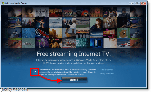 Windows 7 Media Center проверьте ToS и принятие конфиденциальности и нажмите кнопку «Установить»
