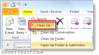 очистить папку или разговоры в Outlook 2010