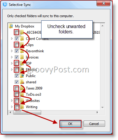 Выбор папки Dropbox для выборочной синхронизации Windows