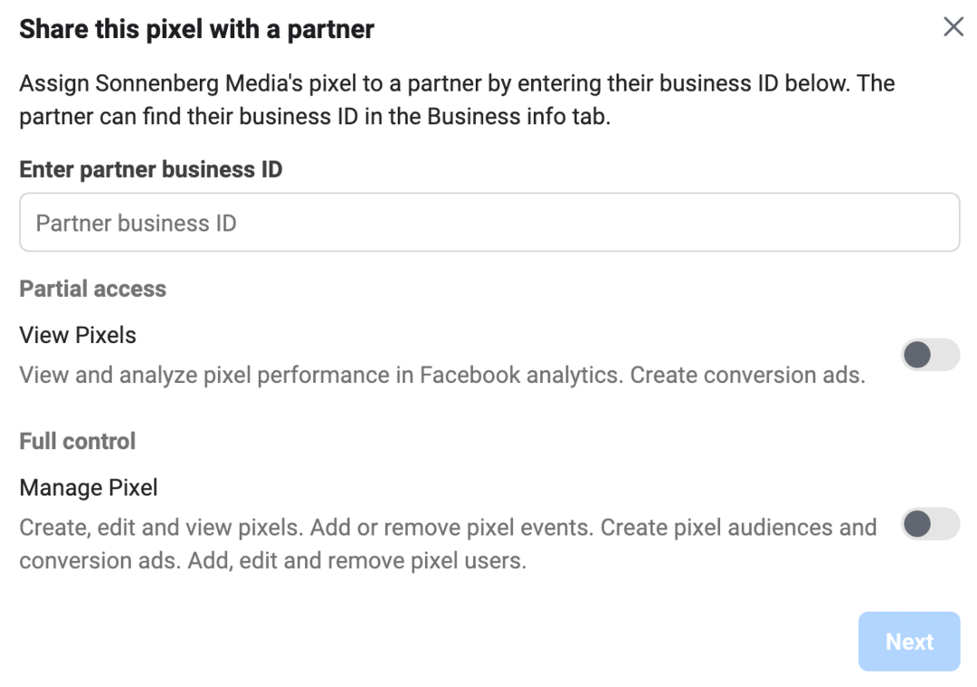 изображение экрана «Поделитесь этим пикселем с партнером» в Meta Business Manager