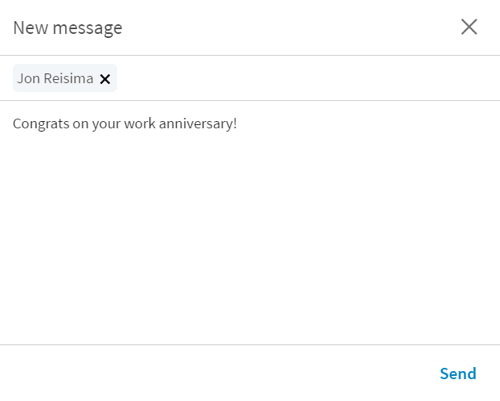 Когда вы нажимаете кнопку «Поздравить», LinkedIn открывает новое сообщение с кратким описанием.