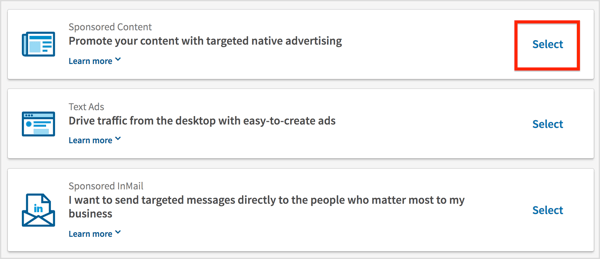 На странице «Выбор рекламного продукта» выберите «Рекламный контент».
