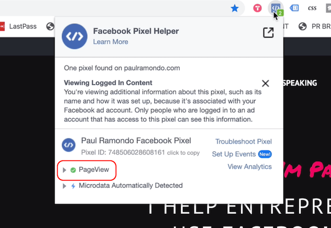 Facebook Pixel Helper, показывающий событие просмотра страницы