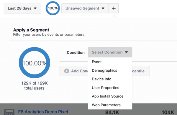 Параметры условий для ваших сегментов в группах источников событий Facebook Analytics.